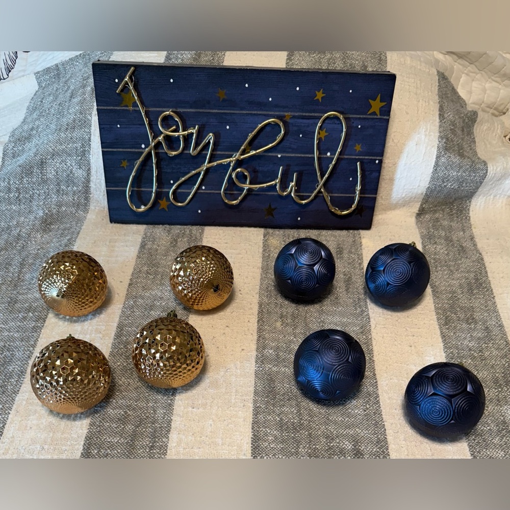 Gold and Blue Holiday Christmas Decorations- Joyful Light Up Hanging Sign